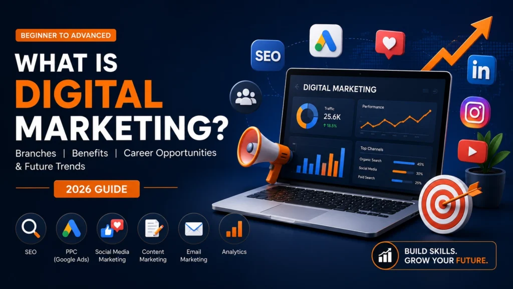 What is Digital Marketing? Complete guide covering branches, benefits, career opportunities and future trends in 2026.